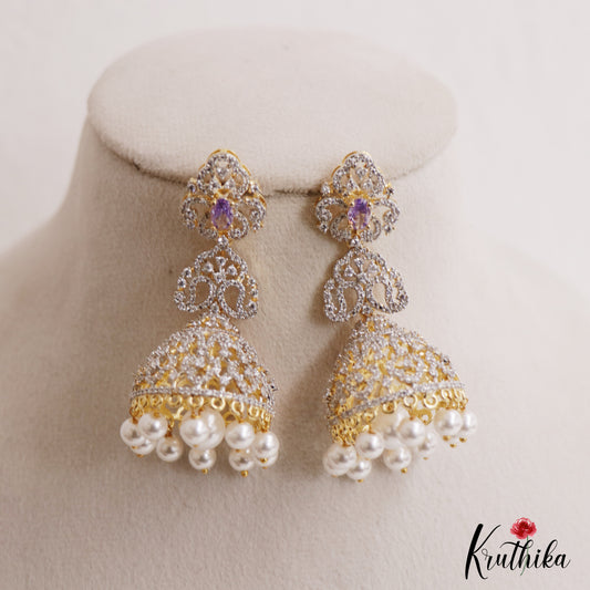 Classic Mango Motifs AD Jhumkas With Pearl Drops E1096  (Available In 3 Colors)