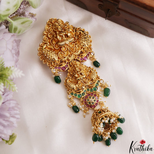 Beautiful Antique Lakshmi Motifs Jada billa With Green Bead Drops J431