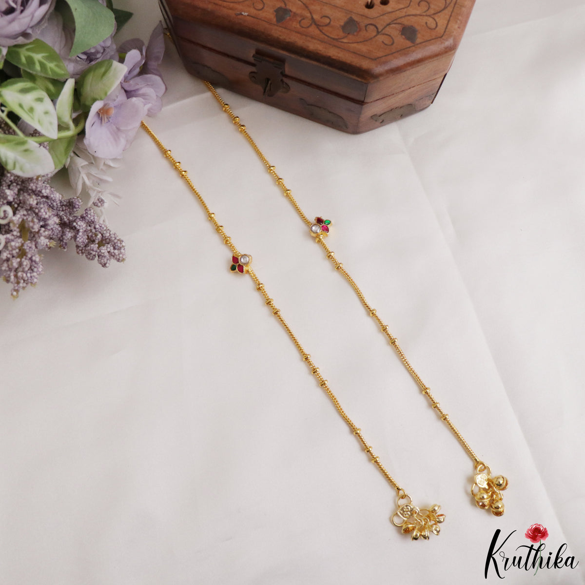 Simple Floral Pendant Jadau Anklets A66