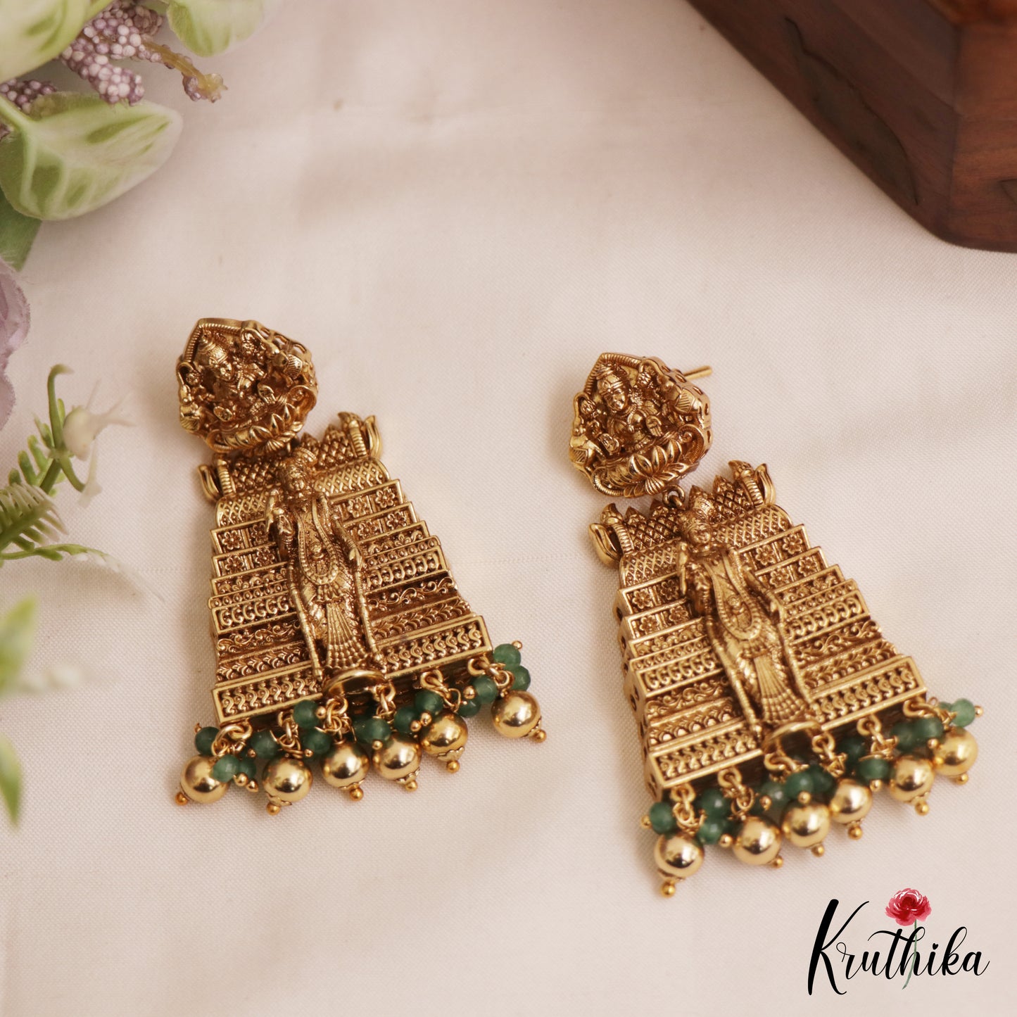 Gorgeous Goddess Meenakshi Gopuram Jhumkas With Bead Drops E1057 (Available in 2 Colors)