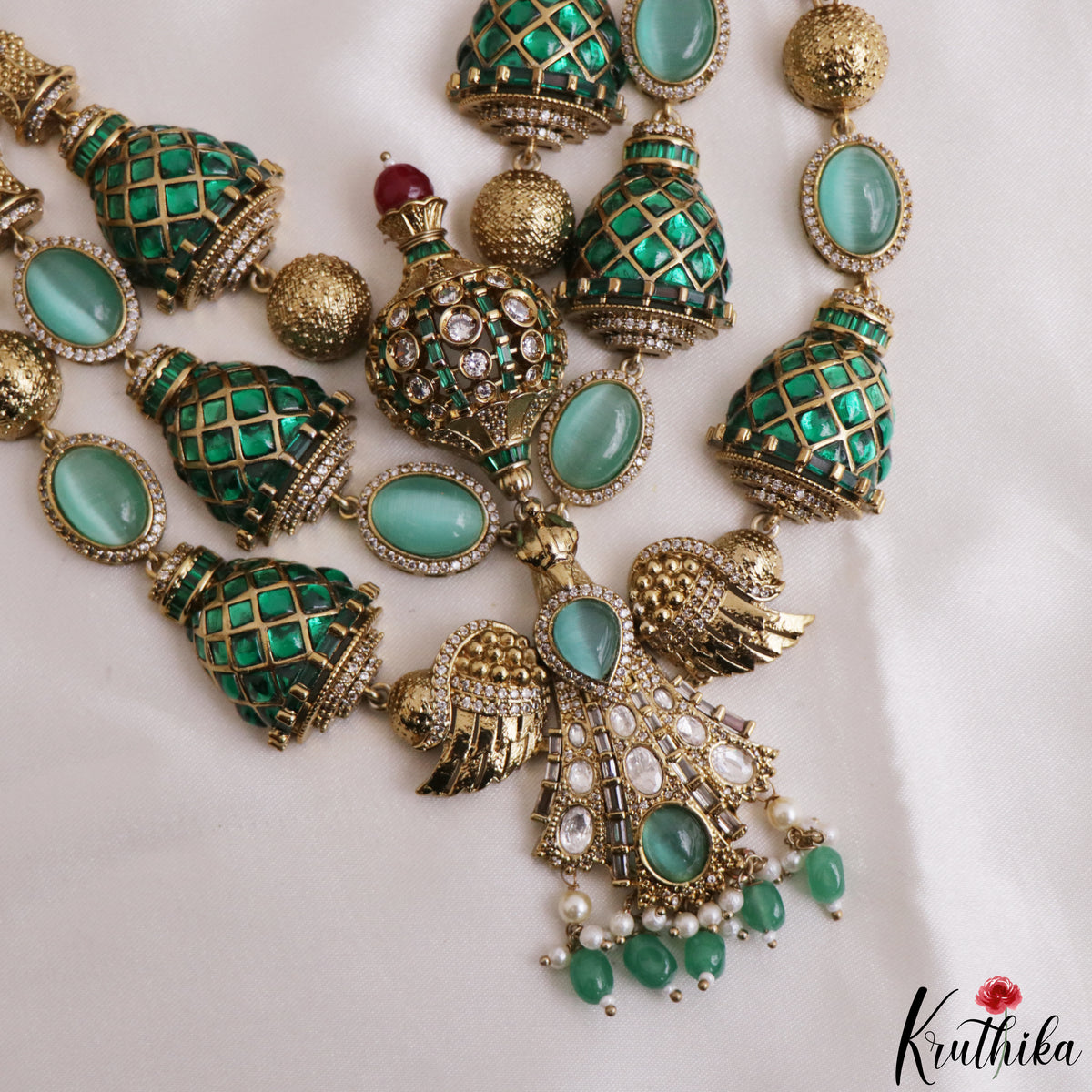 Stunning CZ Victorian Statement Haaram With Green Bead Drops LH2218 (Available In 3 Colors)