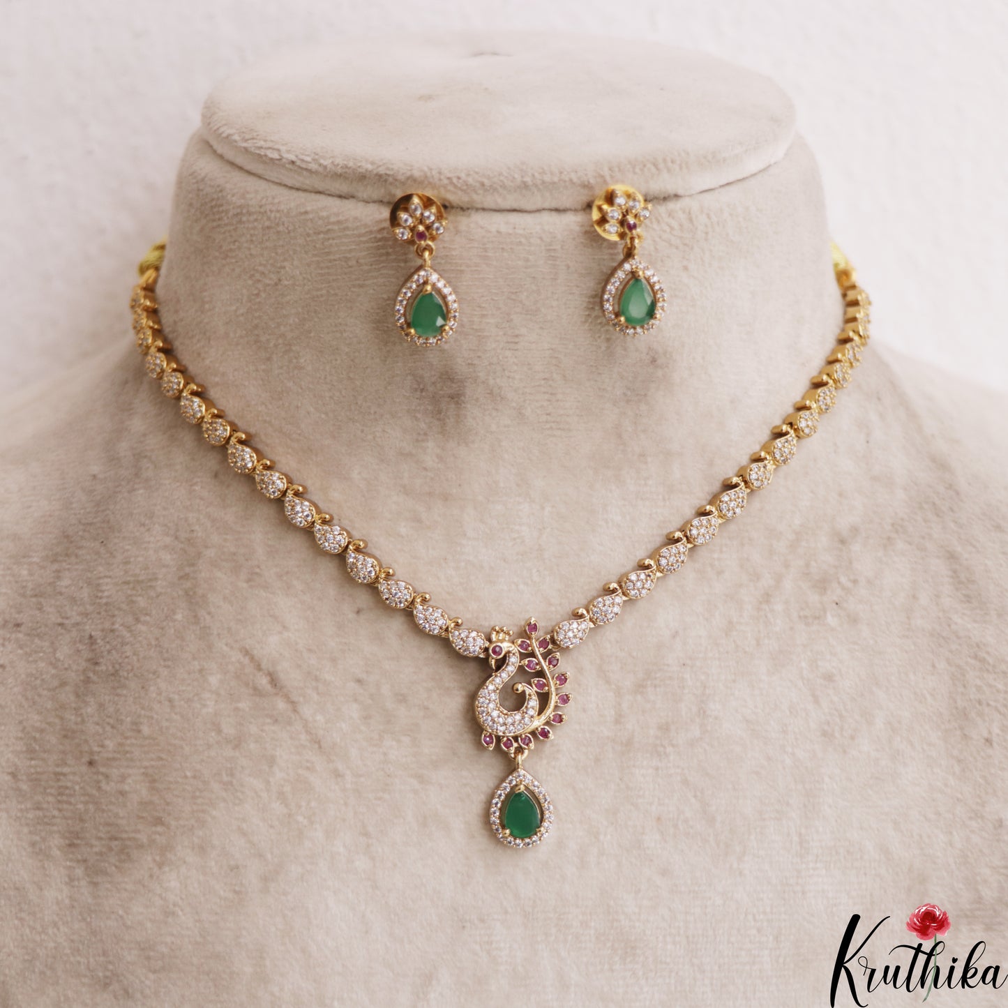Elegant Mango Peacock Motifs Diamond-Finish AD Necklace NC2944