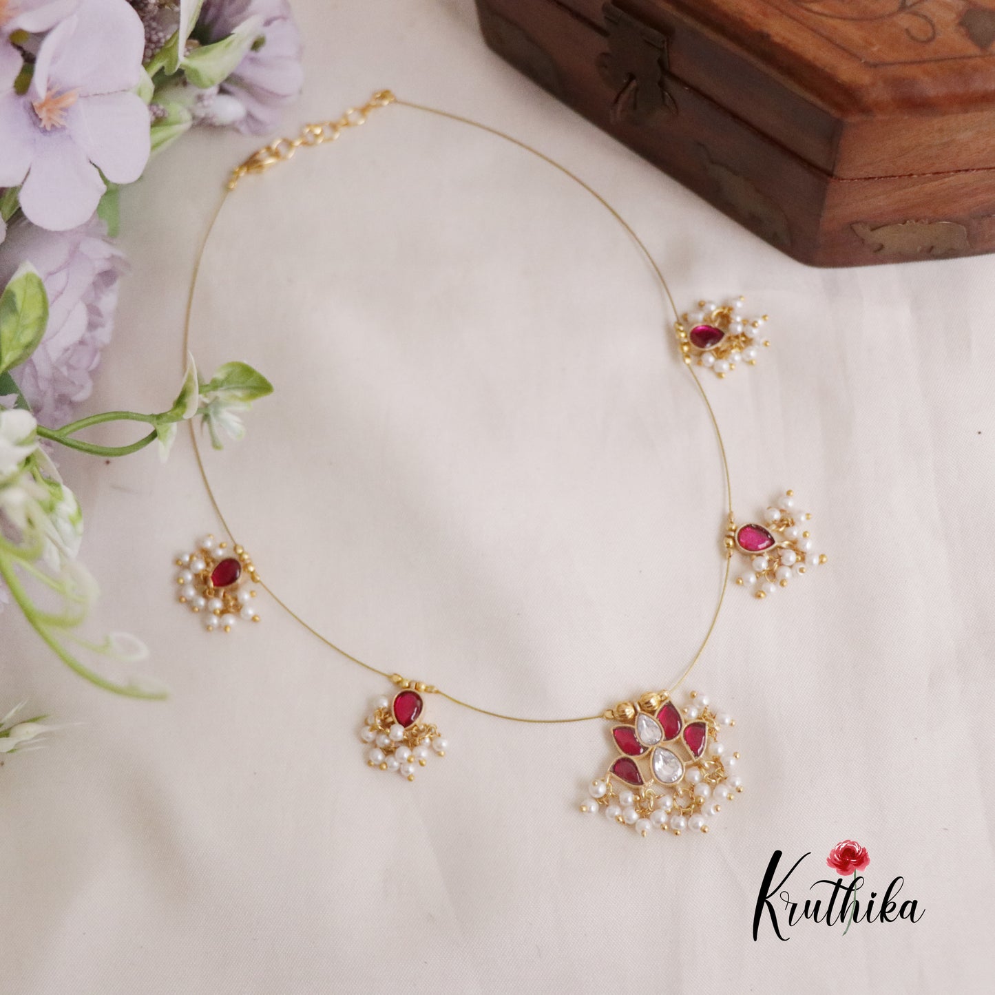 Beautiful Jadau Lotus Pendant Invisible Chain NC2185 (Available  in 3 Colours)