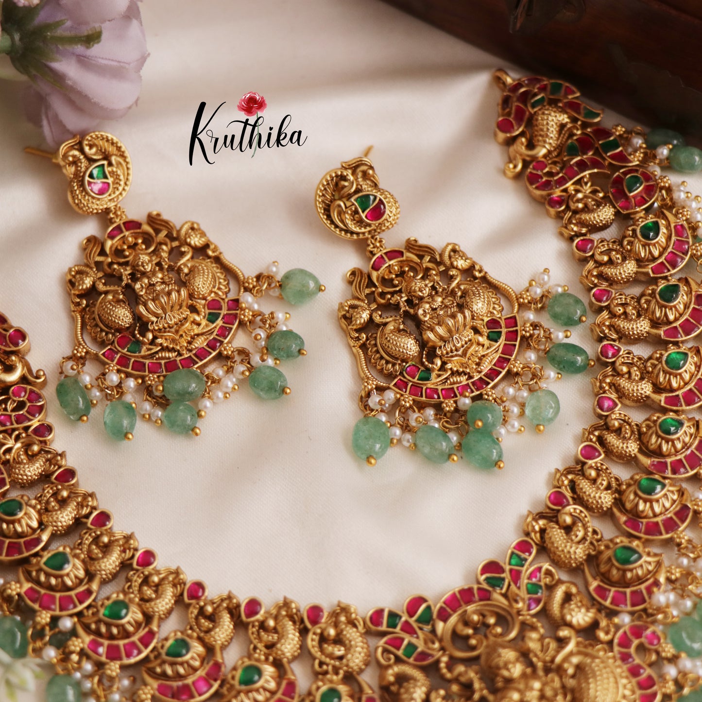 Premium Antique Lakshmi Nagas Jadau Necklace With Pastel Green Beads NC2555 (Available In 2 Colors)
