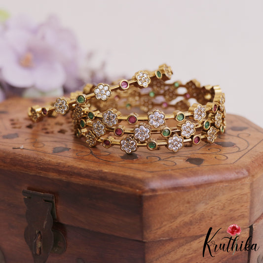 Sparkling Floral Motifs AD Bangles B461 (Set 4 Bangles)