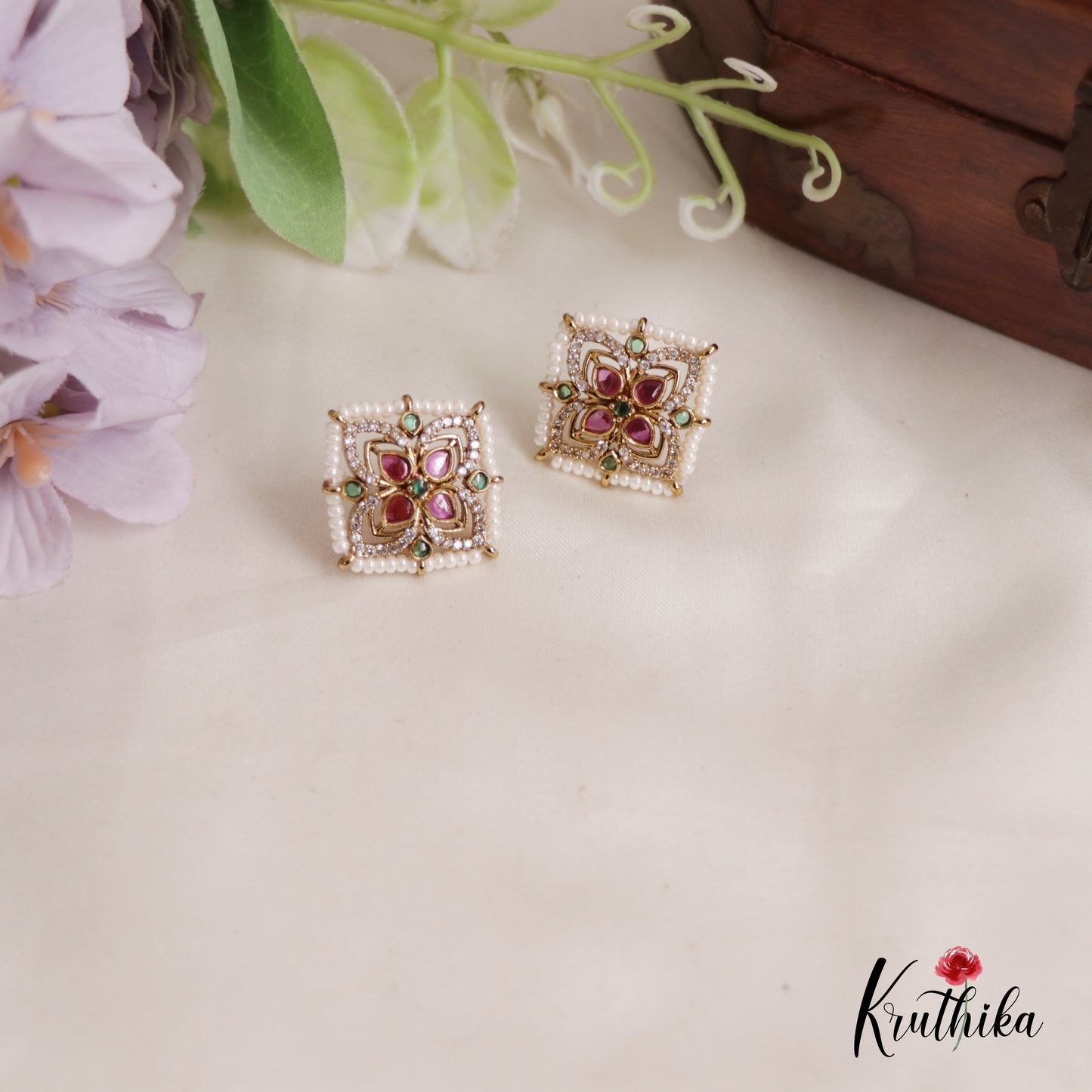Elegant AD Stone Floral Square Pearl Earrings E794