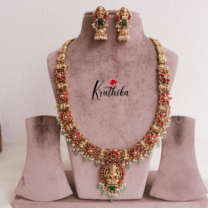 Elegant Temple Lakshmi Haaram with Pastel Green Beads LH1870