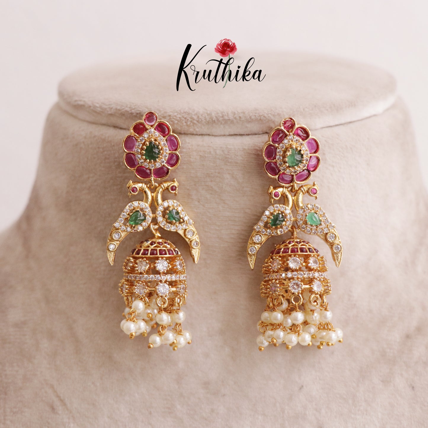 Beautiful Multi Stone Peacock Design Jhumkas Earring E511