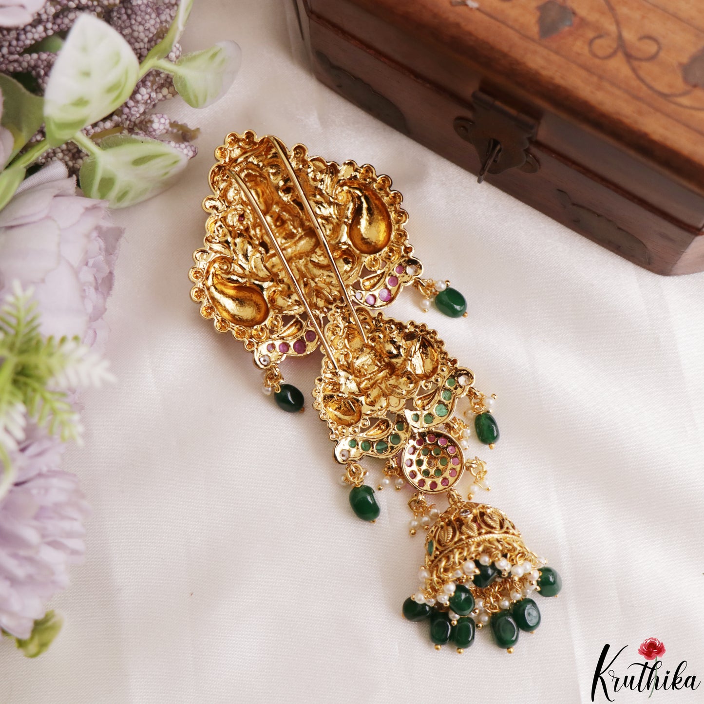 Beautiful Antique Lakshmi Motifs Jada billa With Green Bead Drops J431