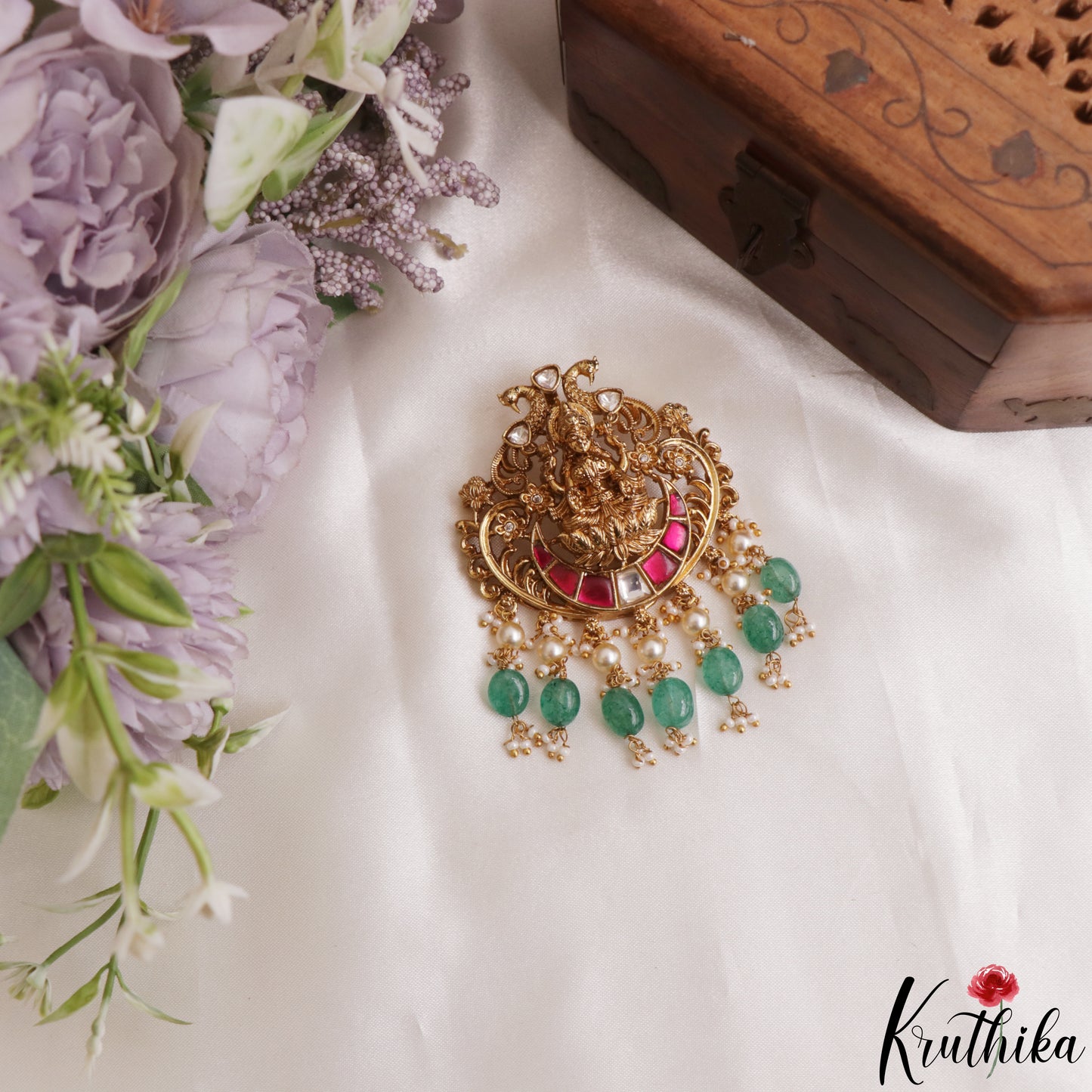 Gorgeous Antique Lakshmi Peacock Motifs Jadau Pendant Set With Green Bead Drops PS301 (Available In 2 Colors)