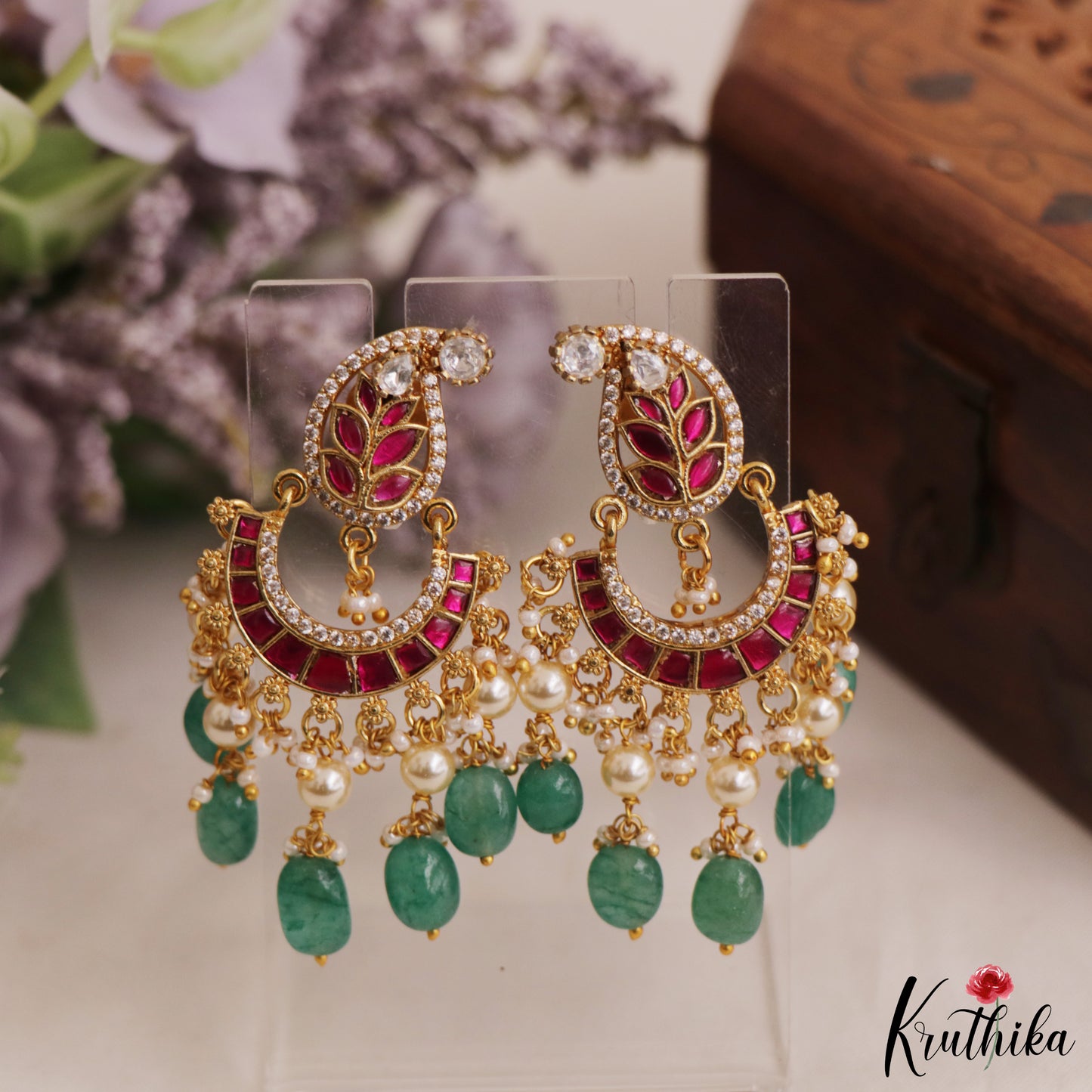Gorgeous Leaf Motifs Chandbali Jadau Earrings With Green Bead Drops E1079 (Available In 2 Colors)