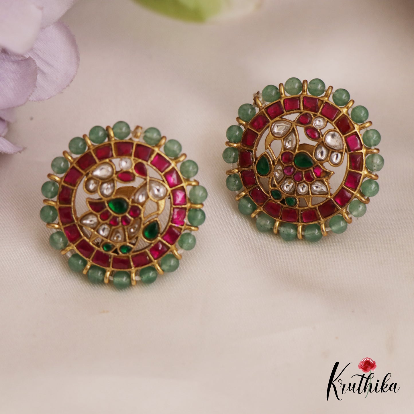 Elegant Green Bead Border Peacock Motifs Jadau Stud Earrings E960