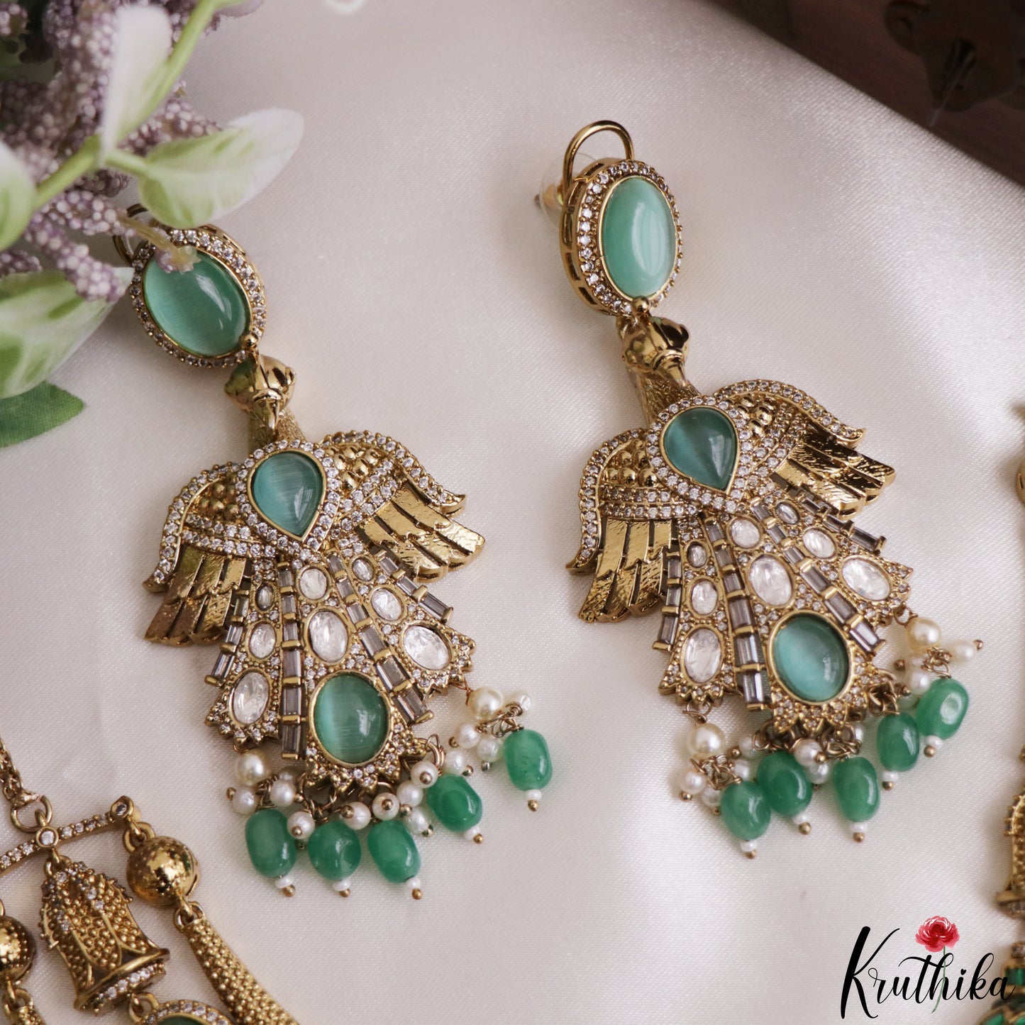 Stunning CZ Victorian Statement Haaram With Green Bead Drops LH2218 (Available In 3 Colors)