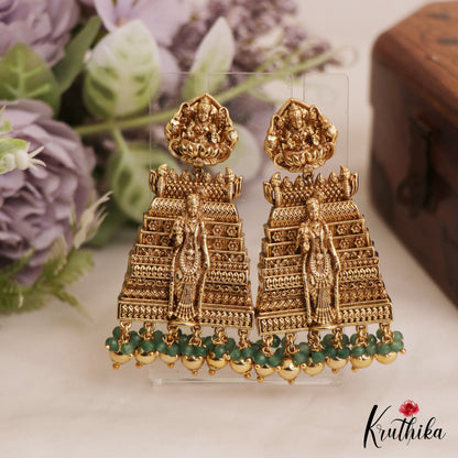 Gorgeous Goddess Meenakshi Gopuram Jhumkas With Bead Drops E1057 (Available in 2 Colors)