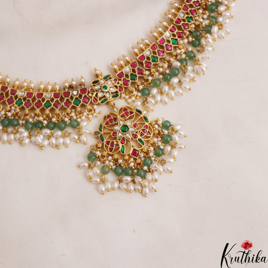 Gorgeous Floral Motifs Jadau Choker With Green Bead And Rice Pearl Drops NC2945