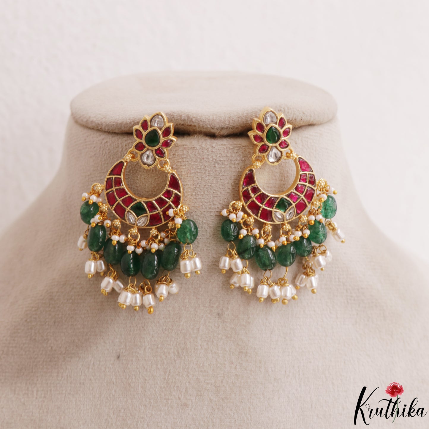 Premium Floral Motifs Jadau Chandbali Earrings With Green Bead Drops E1190
