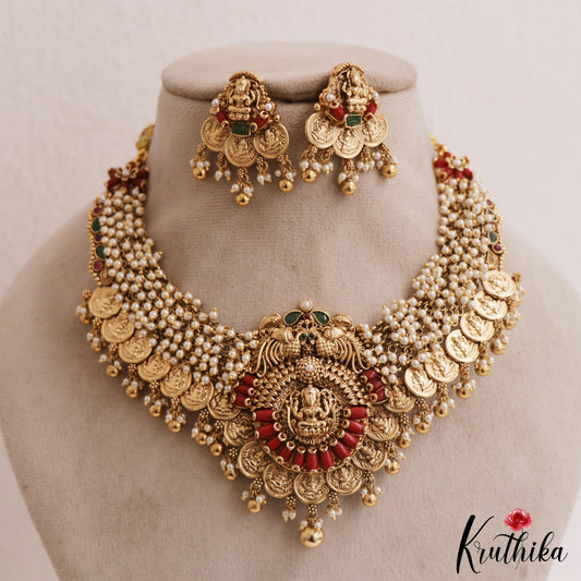 Stunning Antique Lakshmi Peacock Motifs Coral Kasu Choker NC2841