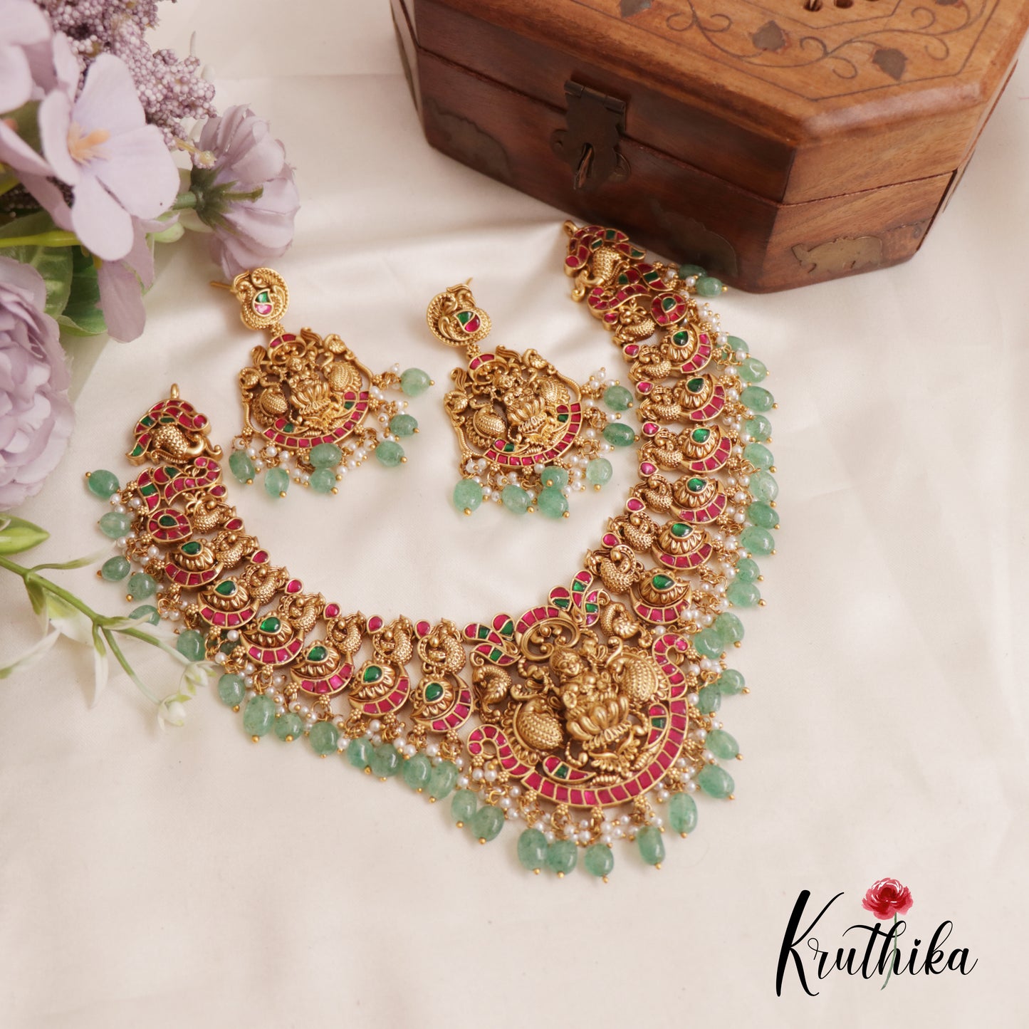 Premium Antique Lakshmi Nagas Jadau Necklace With Pastel Green Beads NC2555 (Available In 2 Colors)