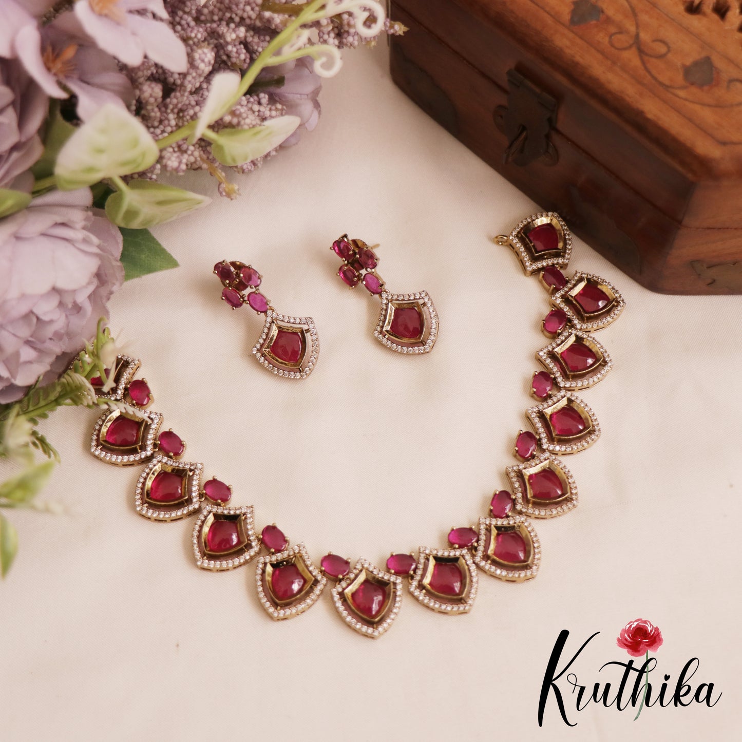 Sparkling Diamond-Finish AD Victorian Necklace NC2847 (Available In 3 Colors)