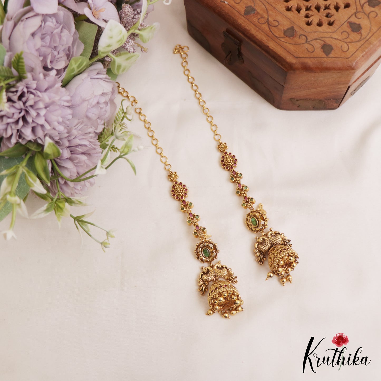 Premium Peacock Motifs Jhumkas With Kemp Teardrop Maatilu (Earchains) E1059