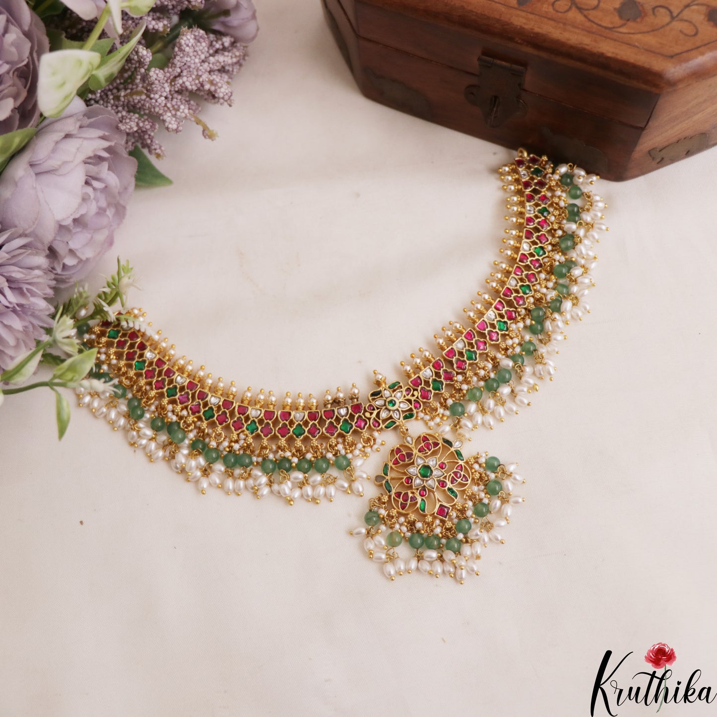 Gorgeous Floral Motifs Jadau Choker With Green Bead And Rice Pearl Drops NC2945