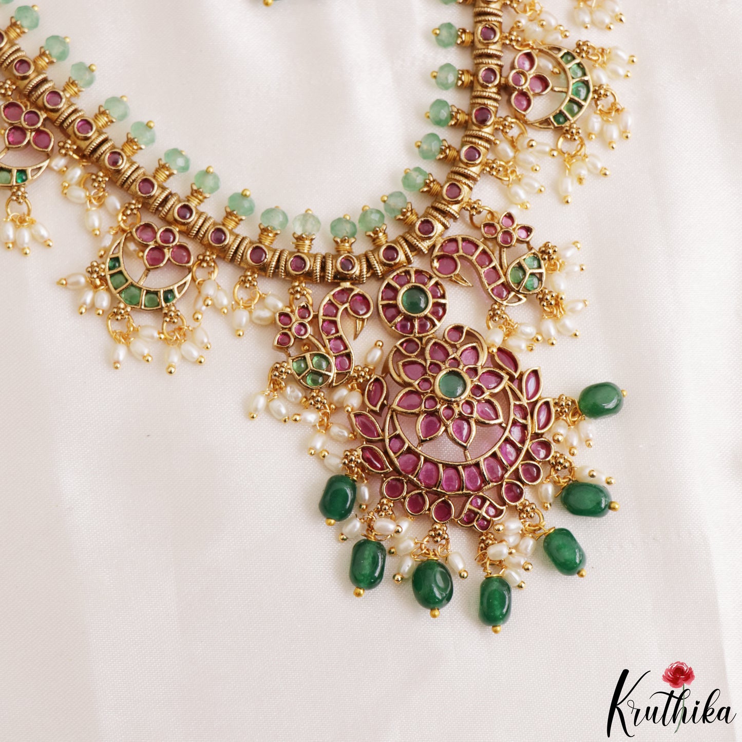 Stunning Kemp Floral Peacock Motifs Guttapoosalu Necklace With Green Bead Drops NC3219