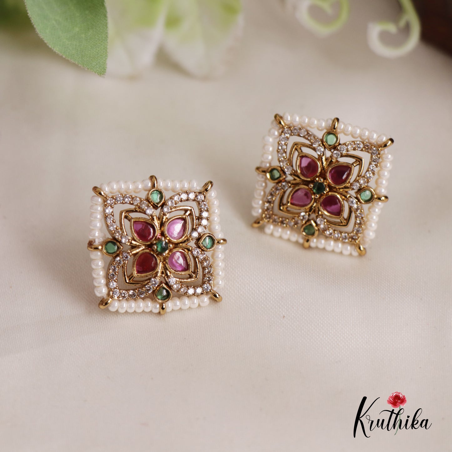 Elegant AD Stone Floral Square Pearl Earrings E794