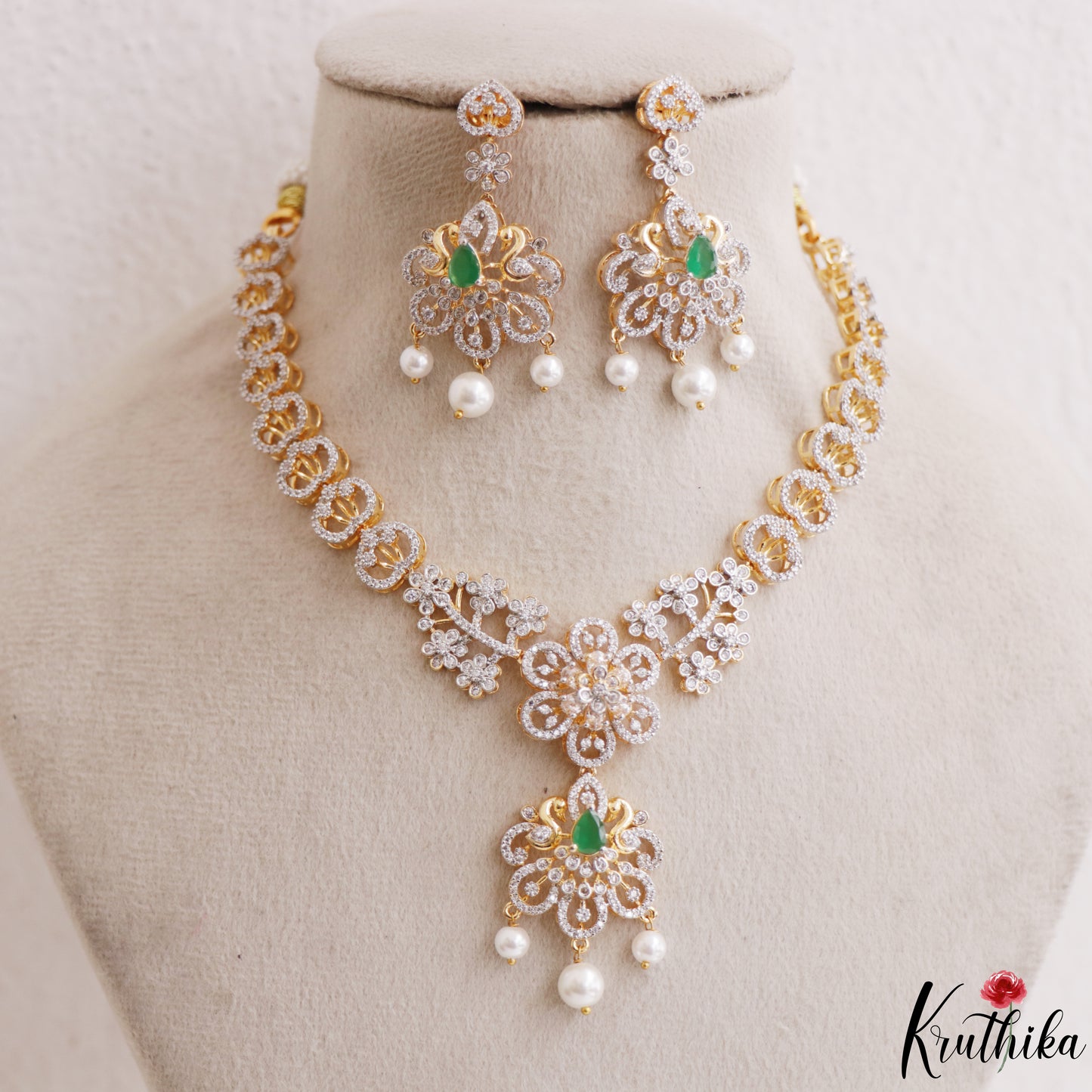 Elegant Floral Motifs CZ Victorian Necklace With Pearl Drops NC3264 (Available In 2 Colors)