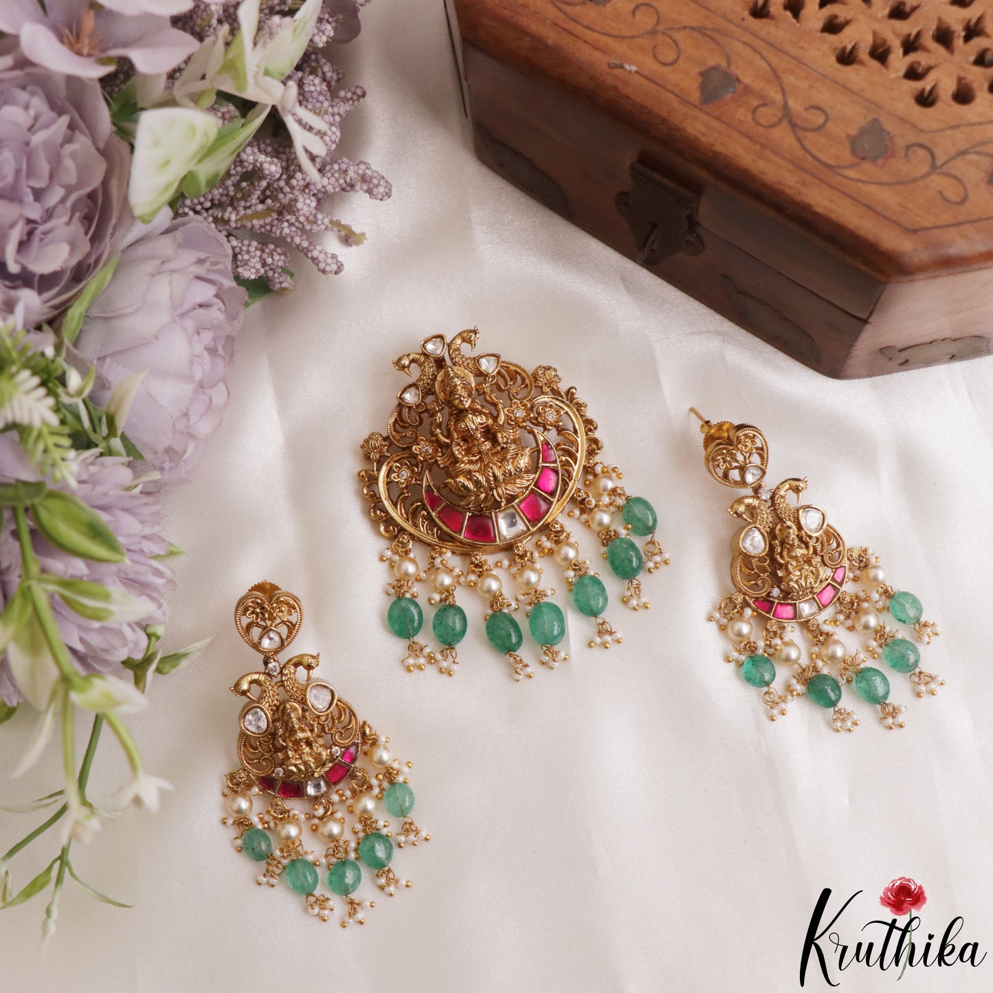 Gorgeous Antique Lakshmi Peacock Motifs Jadau Pendant Set With Green Bead Drops PS301 (Available In 2 Colors)