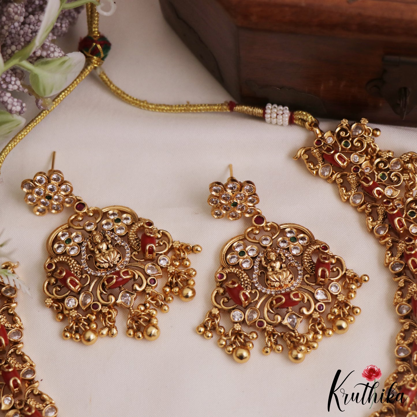 Premium Antique Lakshmi Peacock Motifs AD Coral Choker NC2842