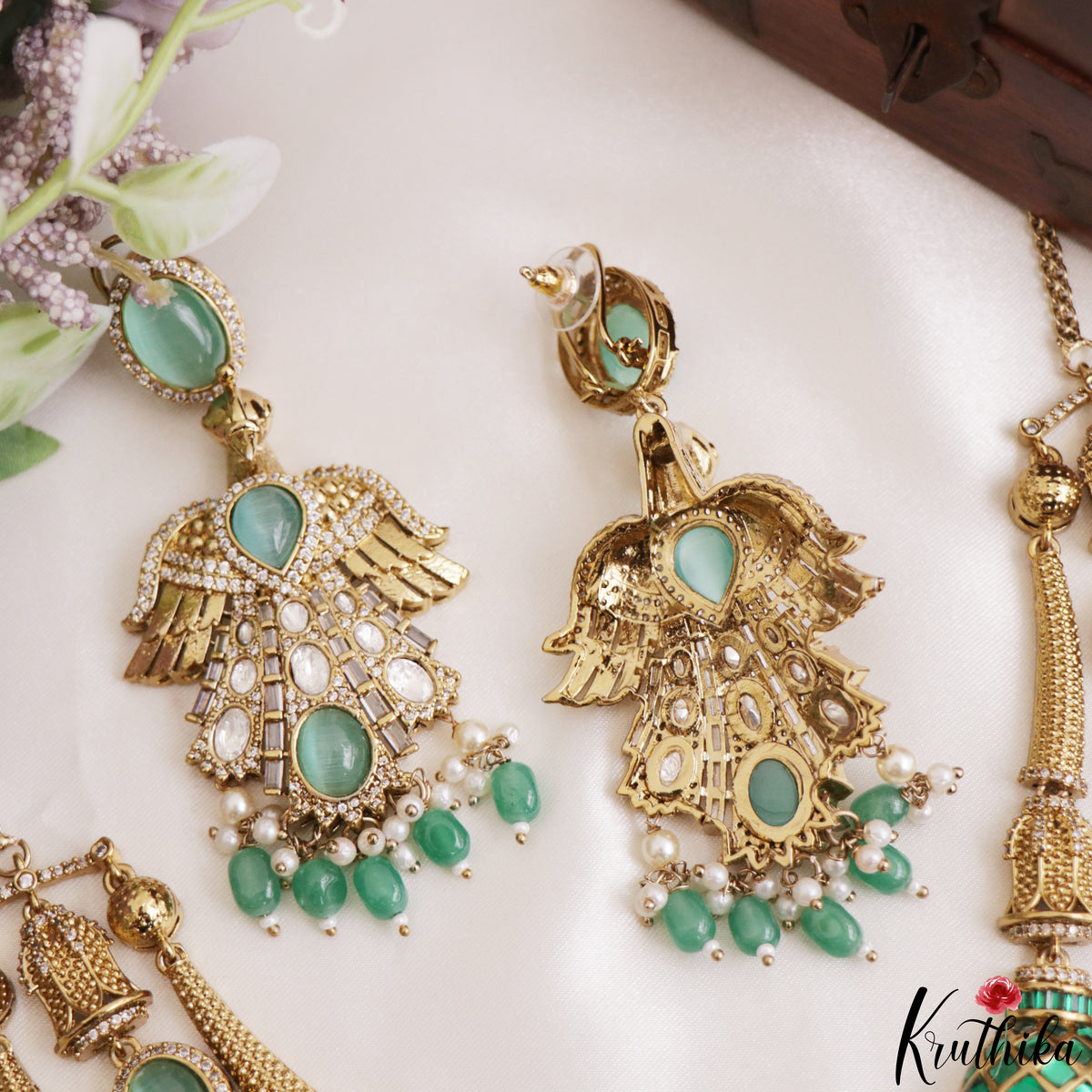Stunning CZ Victorian Statement Haaram With Green Bead Drops LH2218 (Available In 3 Colors)