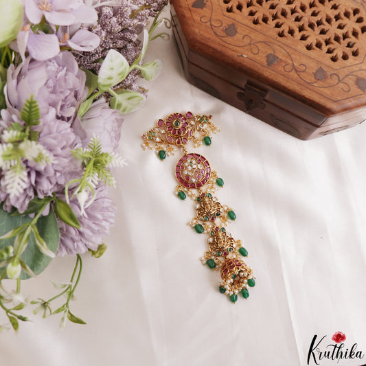 Classic Lakshmi Floral Motifs Kemp Jhumka Jada Billa With Green Bead Drops J433