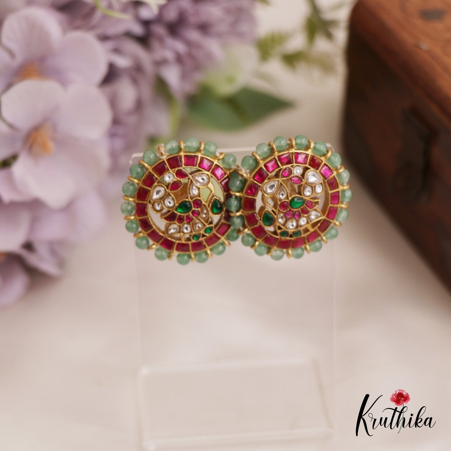 Elegant Green Bead Border Peacock Motifs Jadau Stud Earrings E960