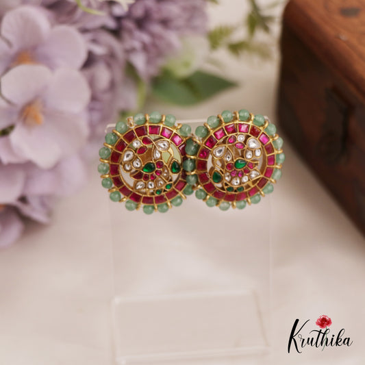 Elegant Green Bead Border Peacock Motifs Jadau Stud Earrings E960