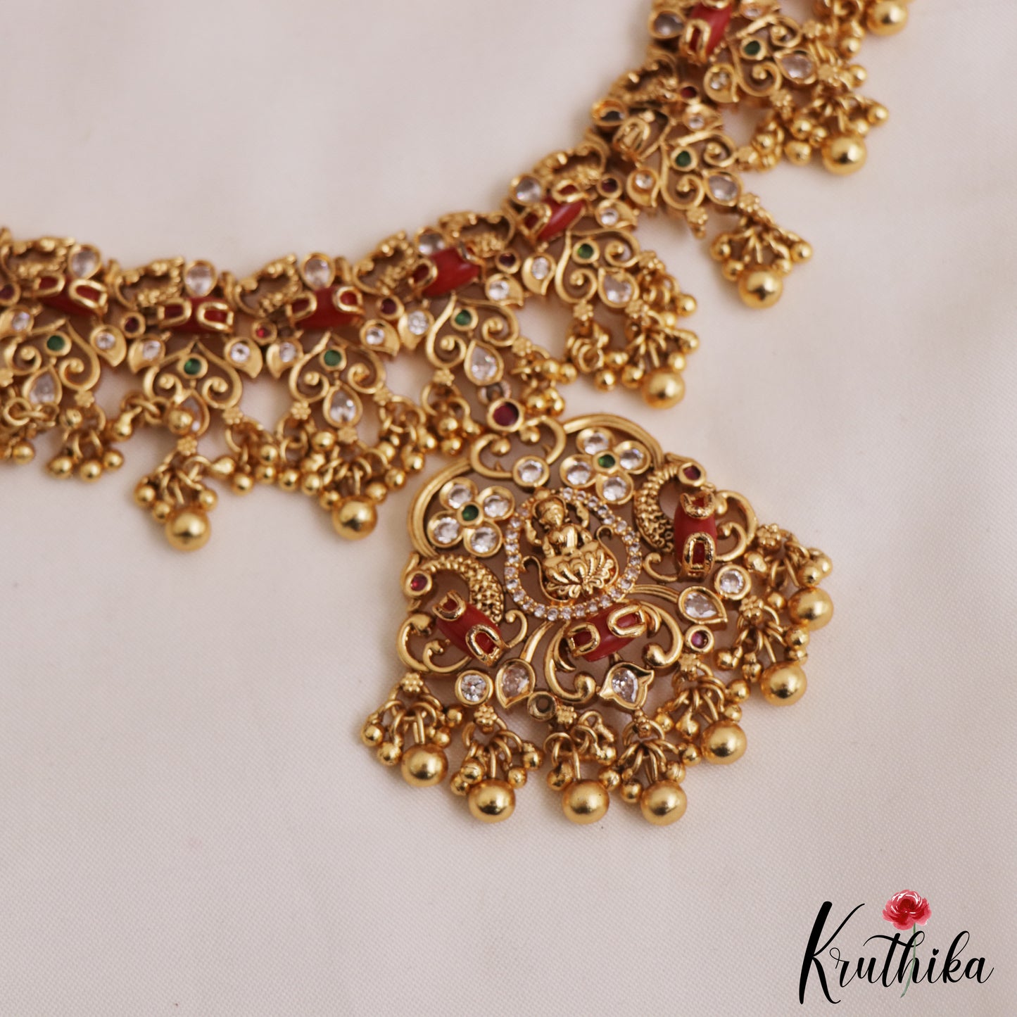 Premium Antique Lakshmi Peacock Motifs AD Coral Choker NC2842