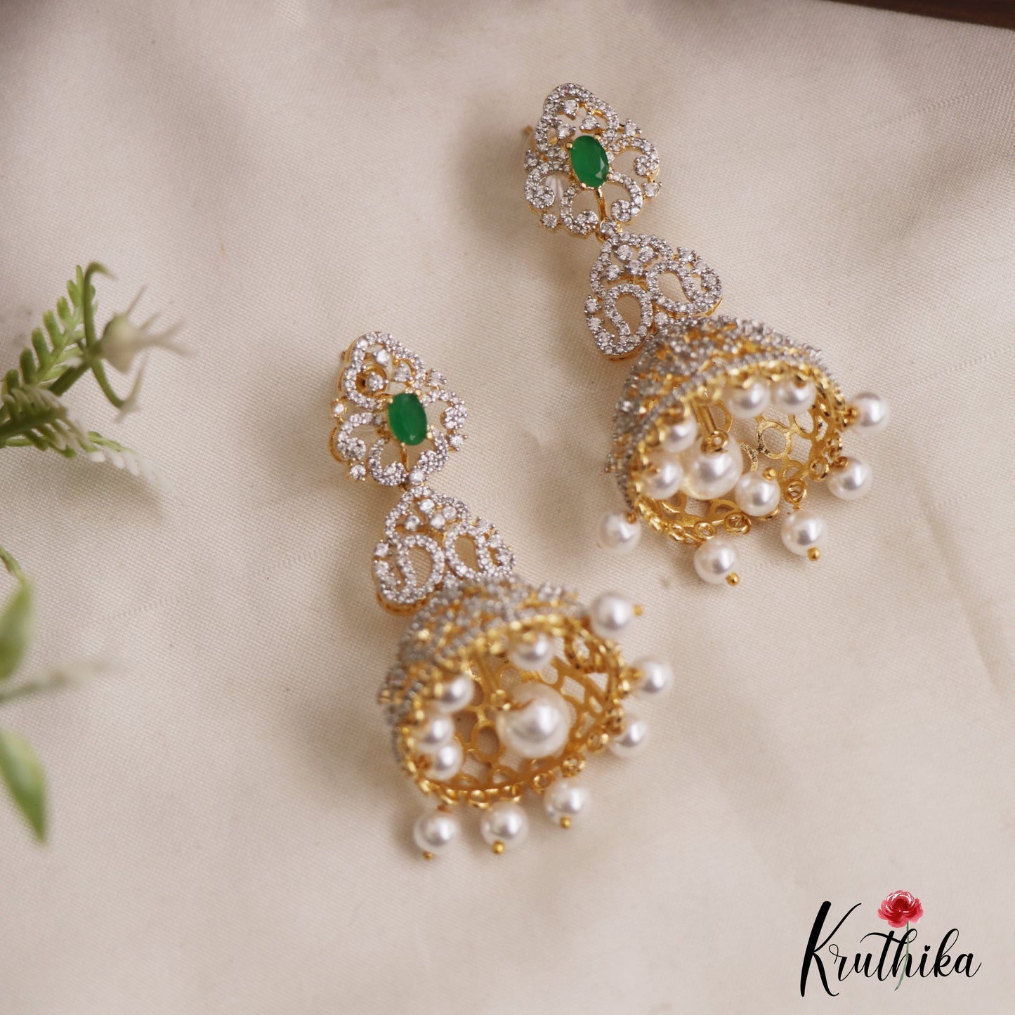 Classic Mango Motifs AD Jhumkas With Pearl Drops E1096  (Available In 3 Colors)