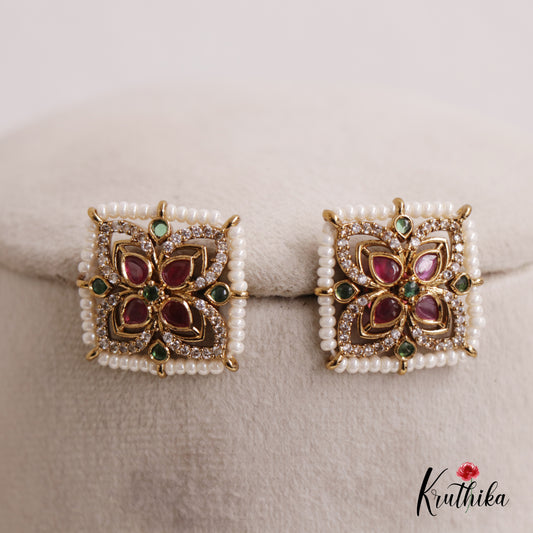 Elegant AD Stone Floral Square Pearl Earrings E794