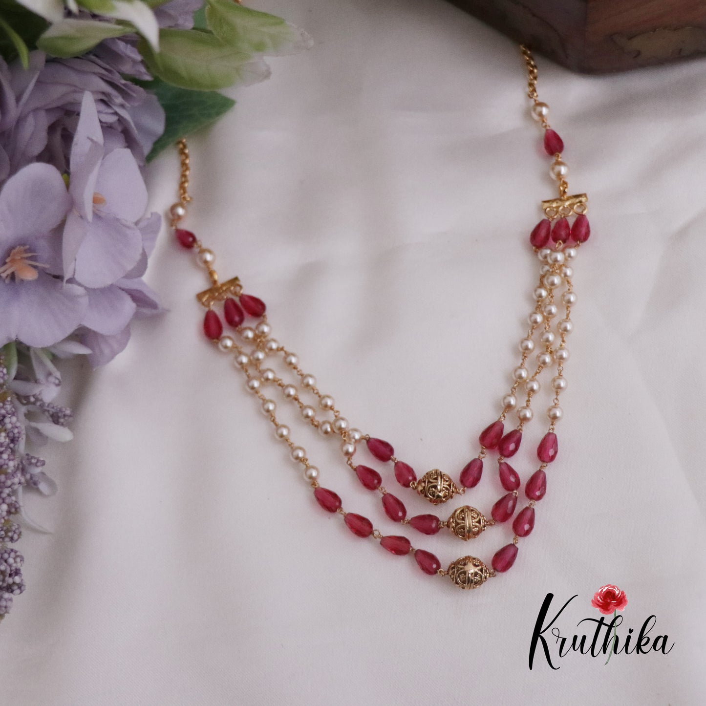 Simple Three Layer Beads & Pearls Mala Necklace NC2263 (Available in 2 Colors)