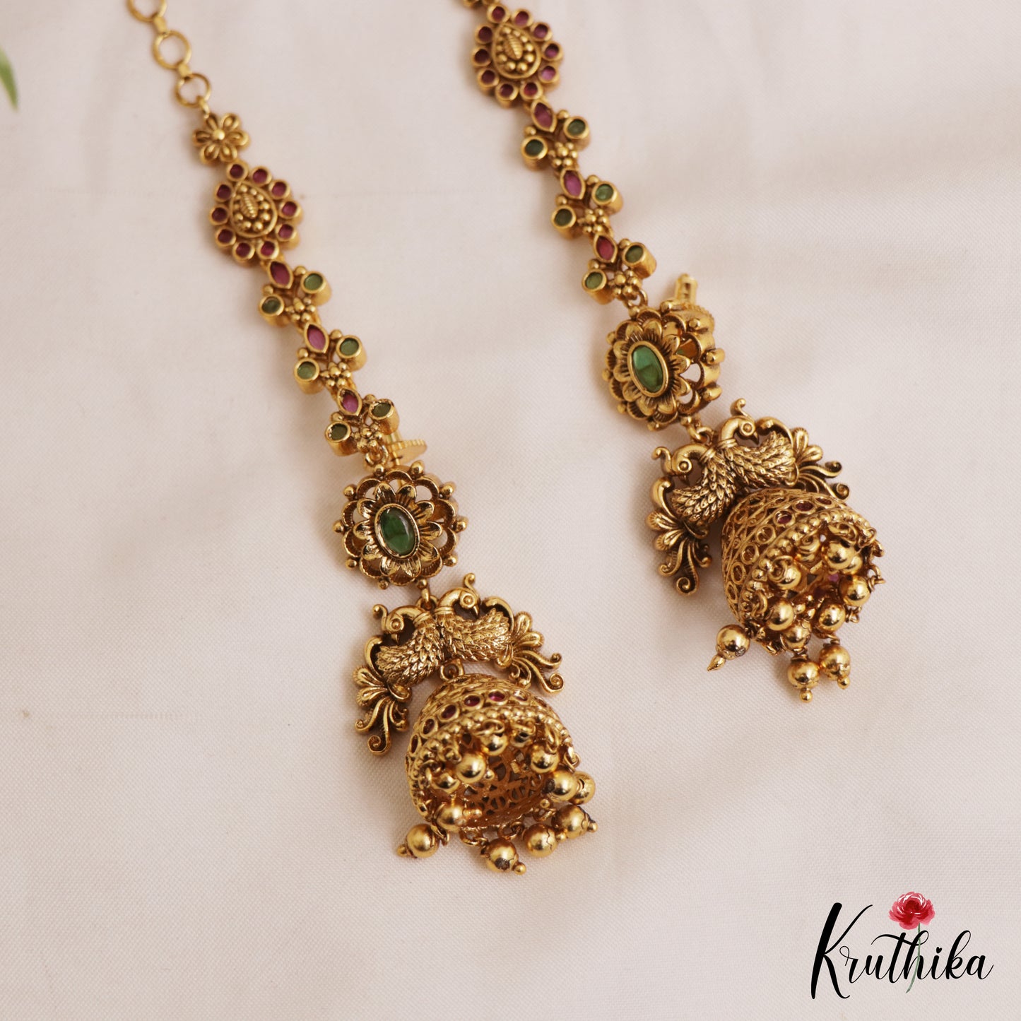 Premium Peacock Motifs Jhumkas With Kemp Teardrop Maatilu (Earchains) E1059
