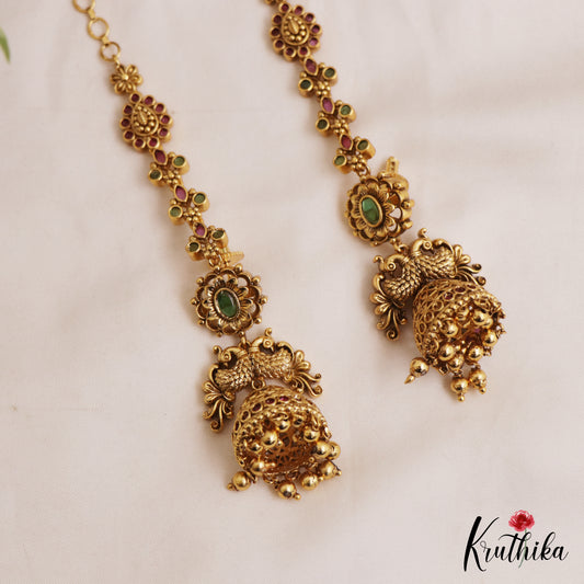 Premium Peacock Motifs Jhumkas With Kemp Teardrop Maatilu (Earchains) E1059