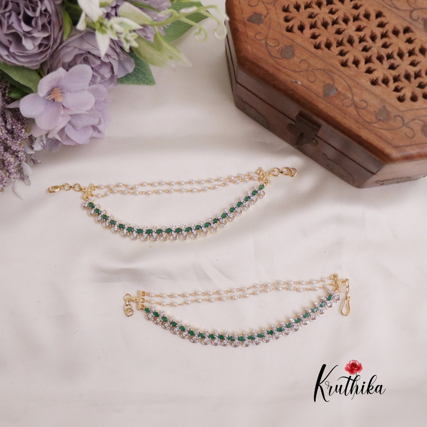 Pretty CZ Sparkling Floral Three Layer Earchains EC116 (Available in 2 Colors)