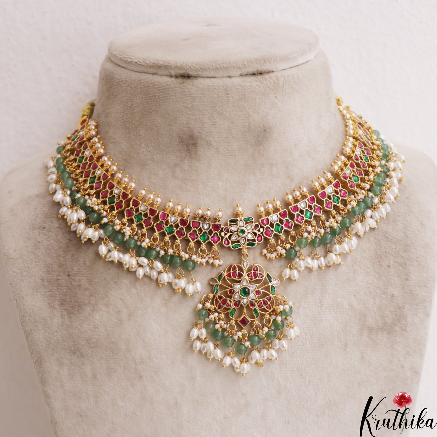Gorgeous Floral Motifs Jadau Choker With Green Bead And Rice Pearl Drops NC2945