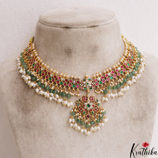 Gorgeous Floral Motifs Jadau Choker With Green Bead And Rice Pearl Drops NC2945