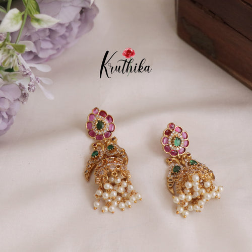 Beautiful Multi Stone Peacock Design Jhumkas Earring E511