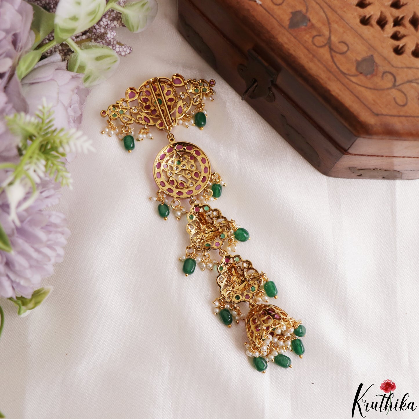Classic Lakshmi Floral Motifs Kemp Jhumka Jada Billa With Green Bead Drops J433