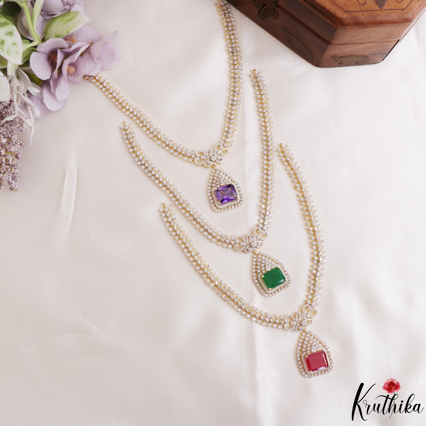 Pretty Floral Geometric Motifs CZ Victorian Necklace NC3265 (Available In 3 Colors)