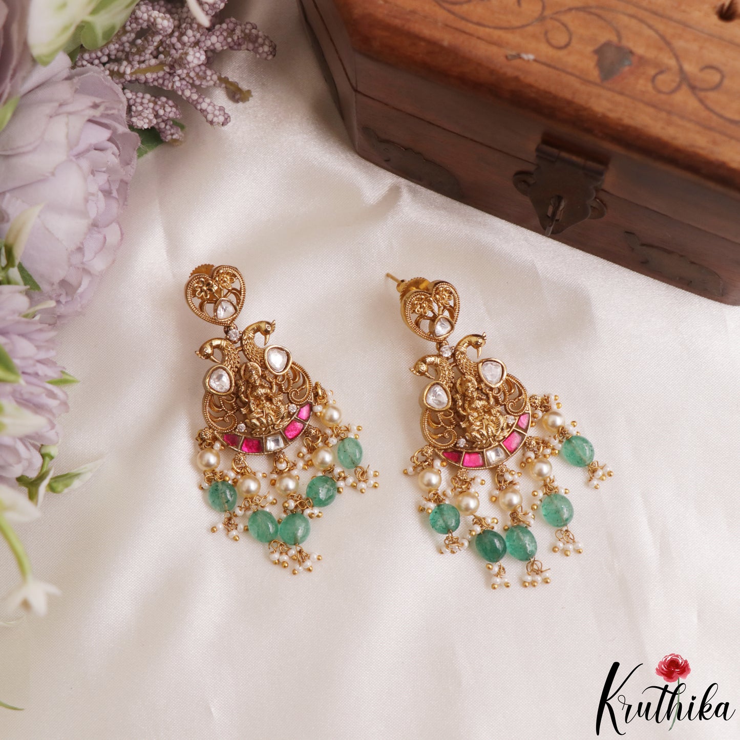 Gorgeous Antique Lakshmi Peacock Motifs Jadau Pendant Set With Green Bead Drops PS301 (Available In 2 Colors)