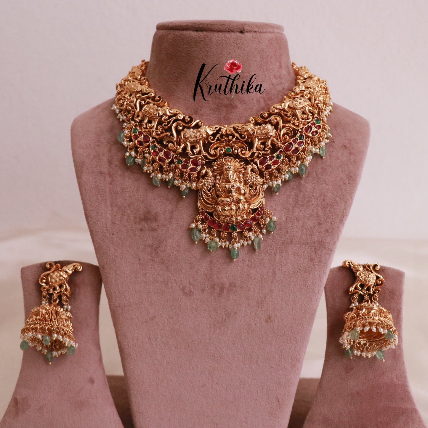 Elegant Temple Necklace with Kempu Stones -Pastel Green Beads NC1882