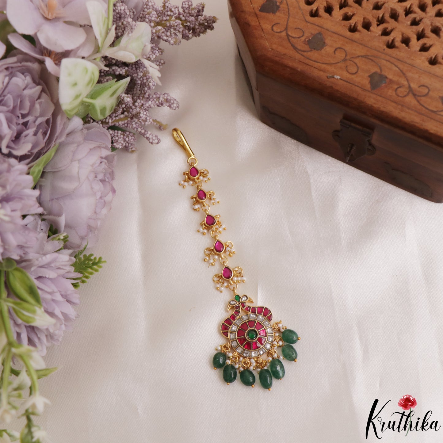 Classic Peacock Motifs Jadau Maang Tikka With Green Bead Drops MT389