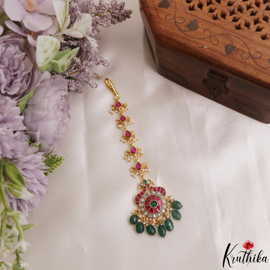 Classic Peacock Motifs Jadau Maang Tikka With Green Bead Drops MT389